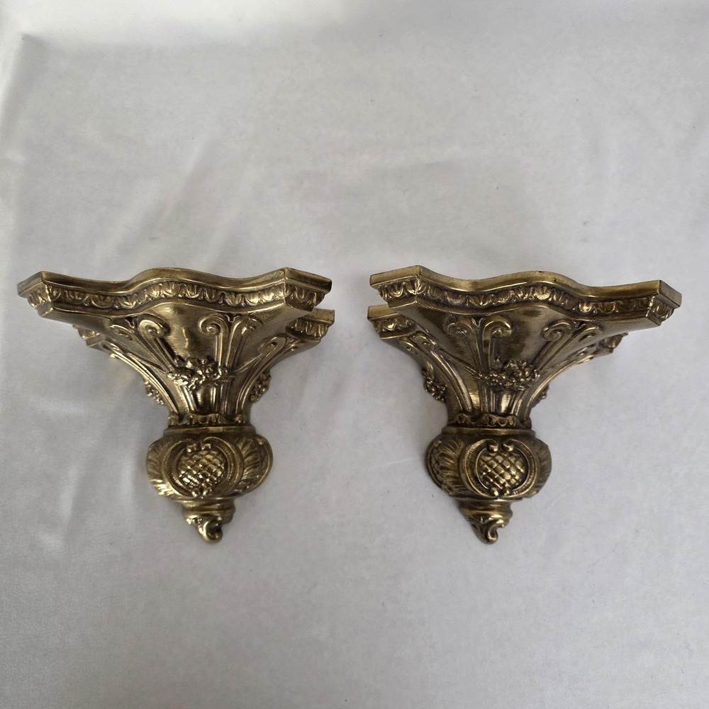 Pair of 2 Vintage Ornate Gilded Brass Wall Sconce Shelves MCM Hollywood Regency - Picture 2 of 14